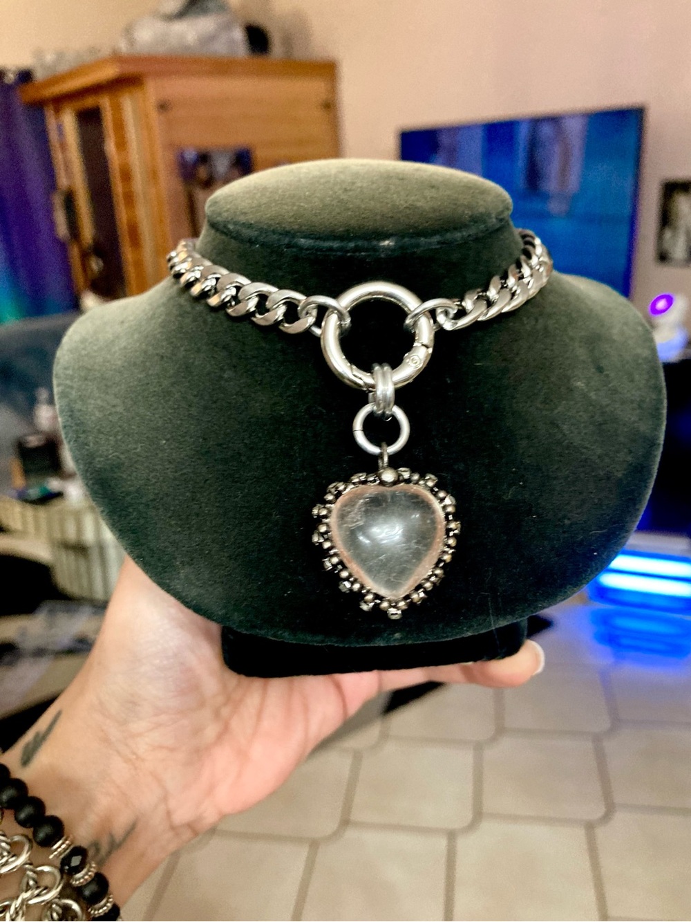 Genuine clear crystal quartz heart on cuban chain choker silver necklace - Picture 3 of 14